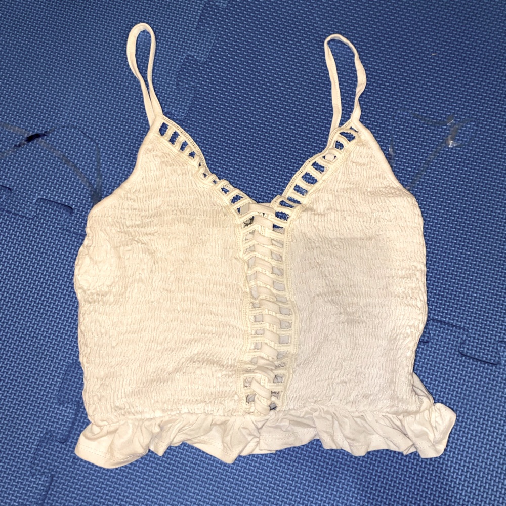 Ruched Small White Crop Tank Spaghetti Strap Summer Stretchy Mini Top Peplum